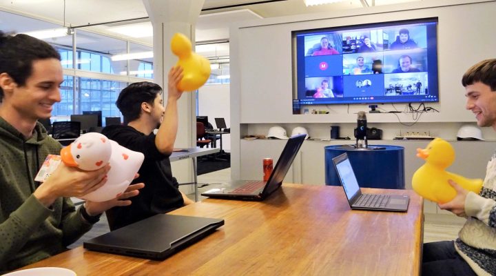 Teqplay Interns Achraf, Emir and Vlad at the presentation of their asseignments