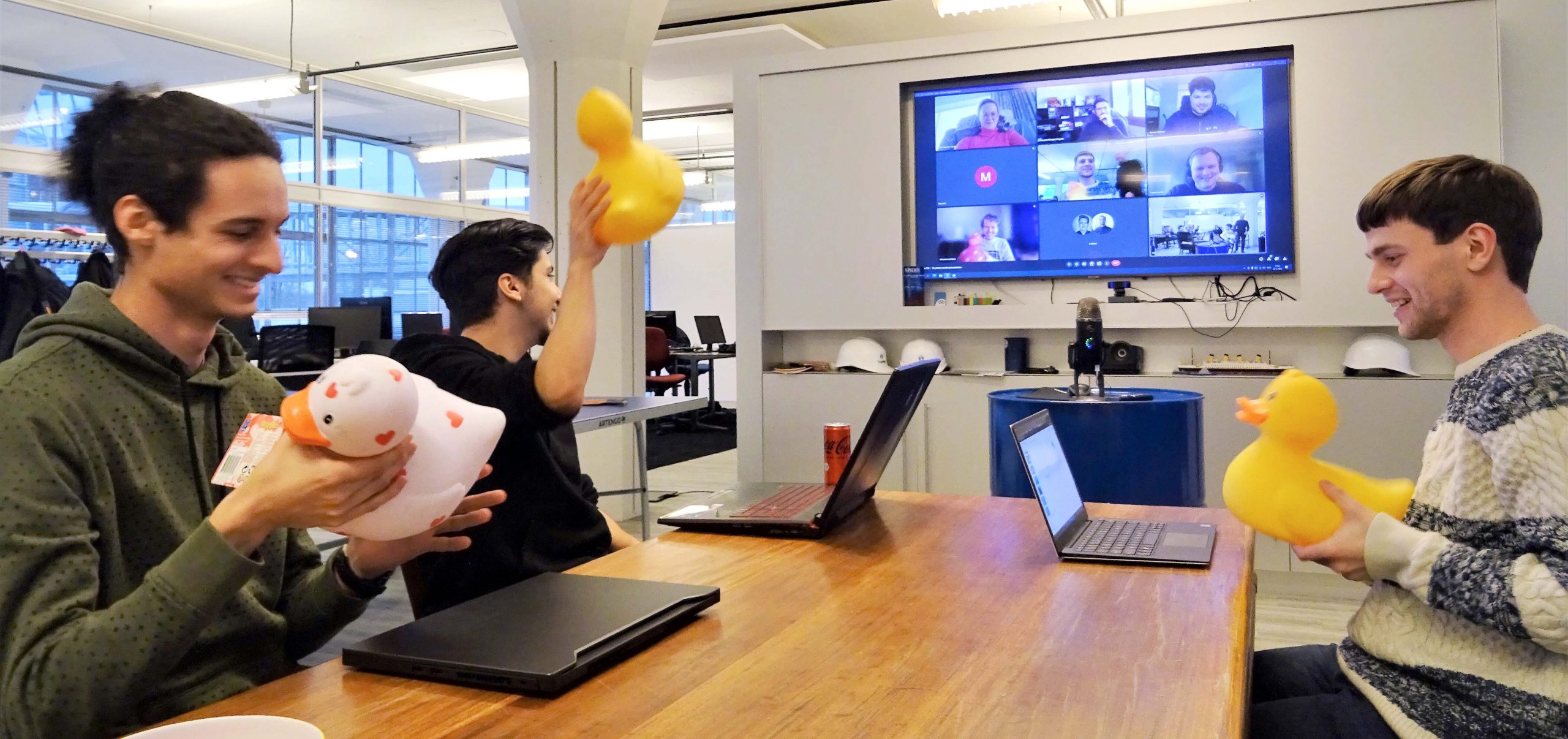 Teqplay Interns Achraf, Emir and Vlad at the presentation of their asseignments